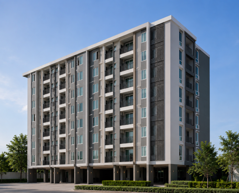 A modern apartment building, an investment option for foreigners buying property in Thailand.