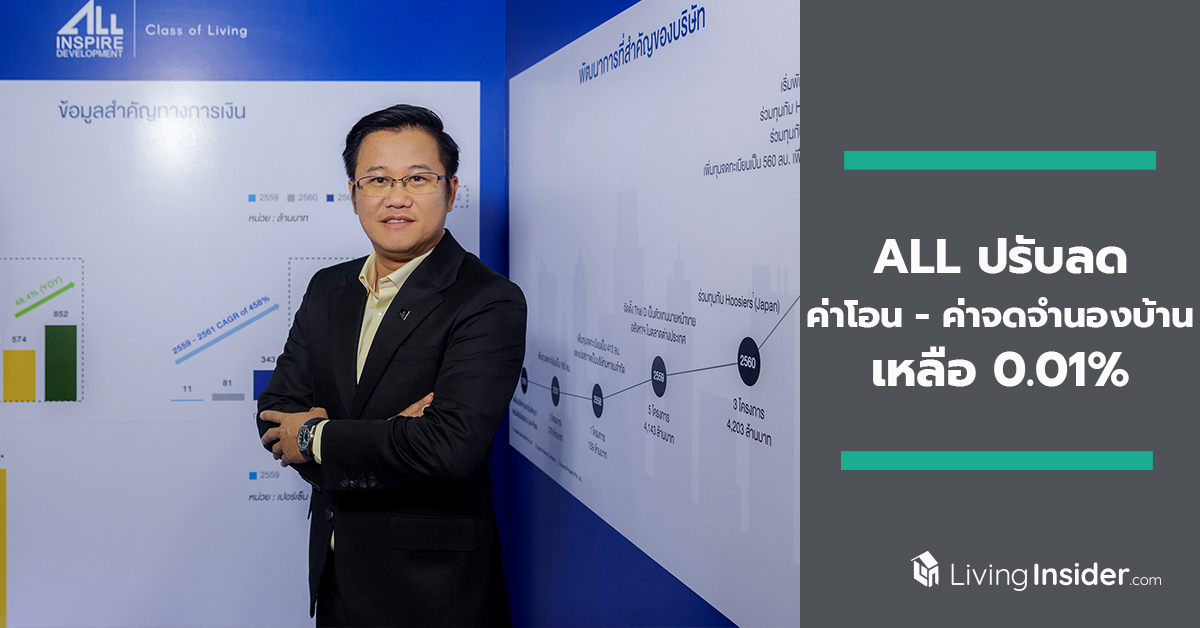 ALL เฮรับมาตรการรัฐกระตุ้นอสังหาฯ ปรับลดค่าโอน - ค่าจดจำนองบ้าน เหลือ 0.01% ชู 5 โครงการในสต็อก พร้อมโอน
