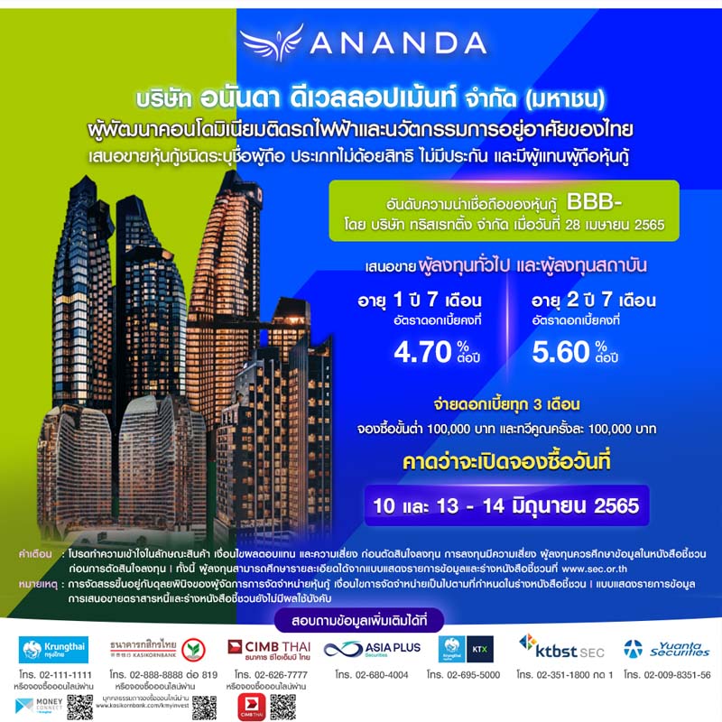 ‘อนันดา’ เตรียมออกหุ้นกู้ 2 รุ่น อายุ 1 ปี 7 เดือนและ 2 ปี 7 เดือน อัตราดอกเบี้ยสูงสุด 5.60% ต่อปี ‘อนันดา’ เตรียมออกหุ้นกู้ 2 รุ่น อายุ 1 ปี 7 เดือนและ 2 ปี 7 เดือน อัตราดอกเบี้ยสูงสุด 5.60% ต่อปี