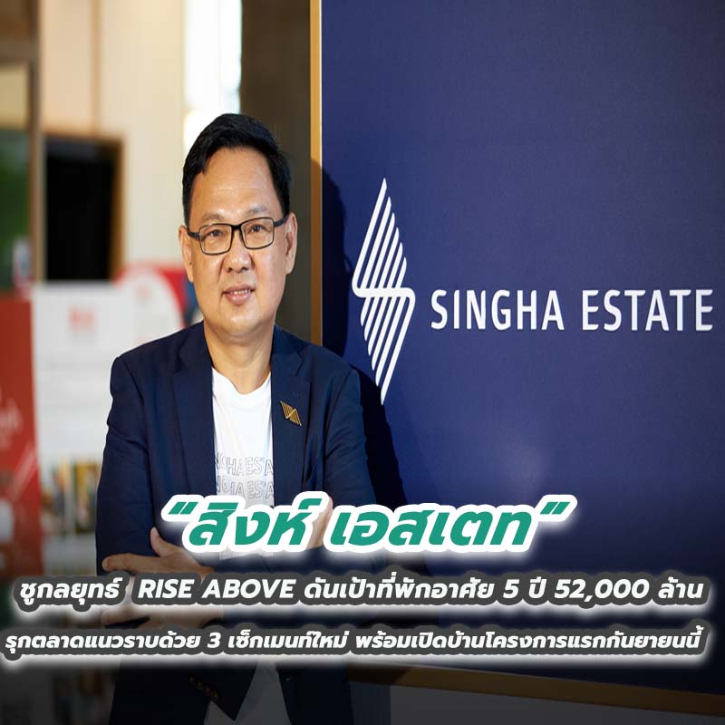 สิงห์ เอสเตท ชูกลยุทธ์ RISE ABOVE ดันเป้าที่พักอาศัย 5 ปี 52,000 ล้านรุกตลาดแนวราบด้วย 3 เซ็กเมนท์ใหม่ พร้อมเปิดบ้านโครงการแรกกันยายนนี้ สิงห์ เอสเตท ชูกลยุทธ์ RISE ABOVE ดันเป้าที่พักอาศัย 5 ปี 52,000 ล้านรุกตลาดแนวราบด้วย 3 เซ็กเมนท์ใหม่ พร้อมเปิดบ้านโครงการแรกกันยายนนี้