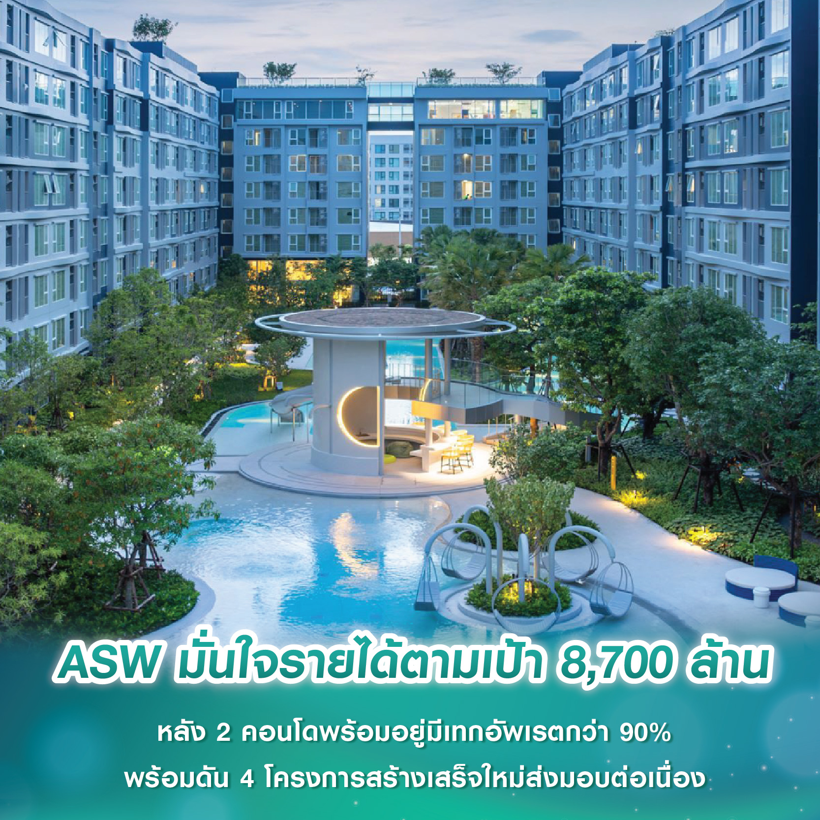 ASW มั่นใจรายได้ตามเป้า 8,700 ล้าน หลัง 2 คอนโดพร้อมอยู่มีเทกอัพเรตกว่า 90% พร้อมดัน 4 โครงการสร้างเสร็จใหม่ส่งมอบต่อเนื่อง ASW มั่นใจรายได้ตามเป้า 8,700 ล้าน หลัง 2 คอนโดพร้อมอยู่มีเทกอัพเรตกว่า 90% พร้อมดัน 4 โครงการสร้างเสร็จใหม่ส่งมอบต่อเนื่อง