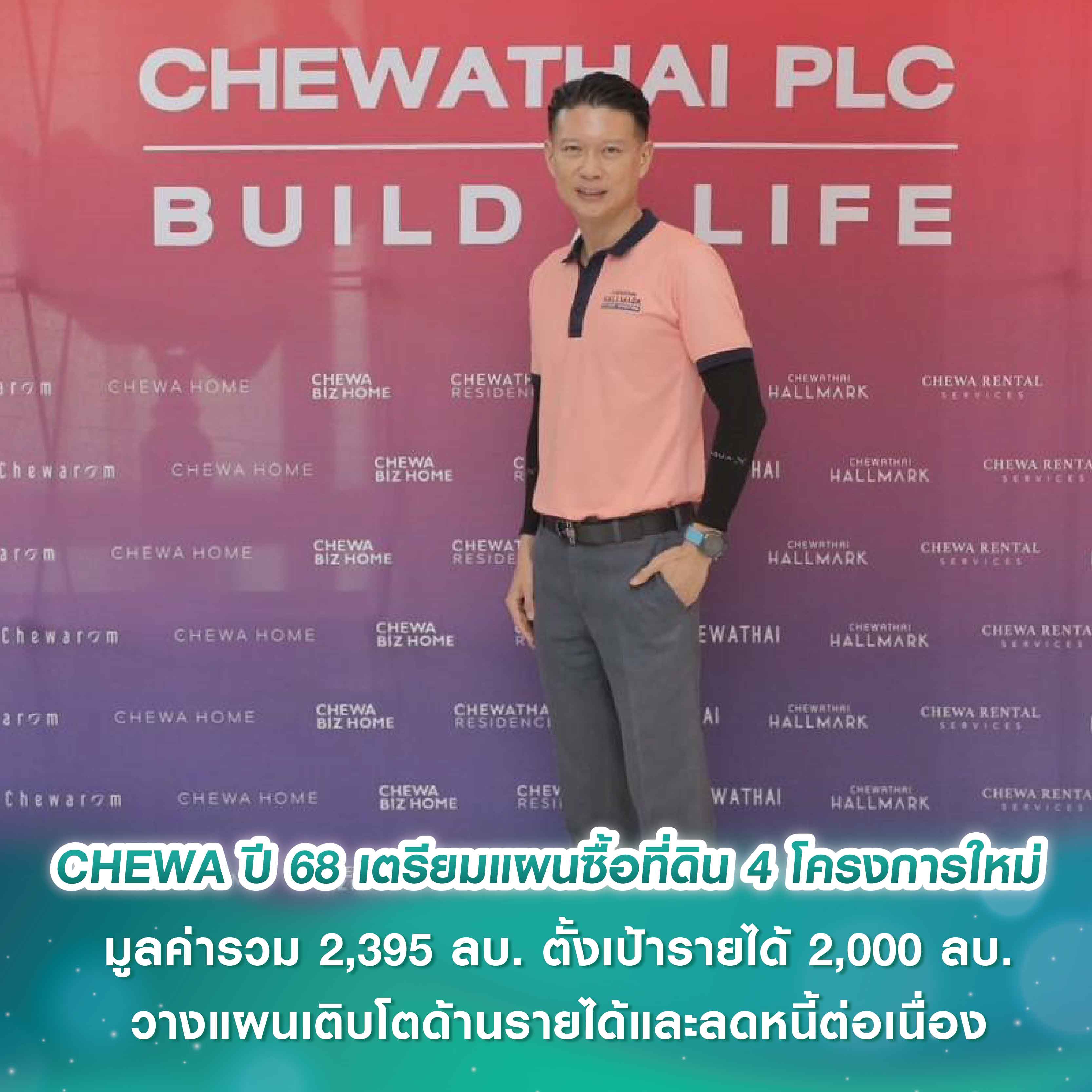 CHEWA พร้อมบุก! ปรับกลยุทธ์การเติบโตอย่างยั่งยืนพร้อมพันธมิตร วางแผนเติบโตด้านรายได้และลดหนี้ต่อเนื่อง เตรียมแผนซื้อที่ดิน 4 โครงการใหม่ มูลค่ารวม 2,395 ล้านบาท ตั้งเป้ารายได้ 2,000 ล้านบาท CHEWA พร้อมบุก! ปรับกลยุทธ์การเติบโตอย่างยั่งยืนพร้อมพันธมิตร วางแผนเติบโตด้านรายได้และลดหนี้ต่อเนื่อง เตรียมแผนซื้อที่ดิน 4 โครงการใหม่ มูลค่ารวม 2,395 ล้านบาท ตั้งเป้ารายได้ 2,000 ล้านบาท