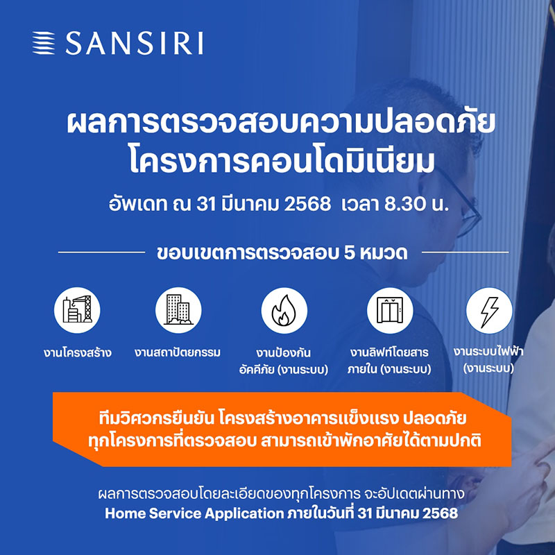 แสนสิริ สรุปรายชื่อโครงการคอนโดมิเนียมที่เข้าไปตรวจสอบหลังแผ่นดินไหว ณ วันที่ 31 มี.ค. 68 แสนสิริ สรุปรายชื่อโครงการคอนโดมิเนียมที่เข้าไปตรวจสอบหลังแผ่นดินไหว ณ วันที่ 31 มี.ค. 68