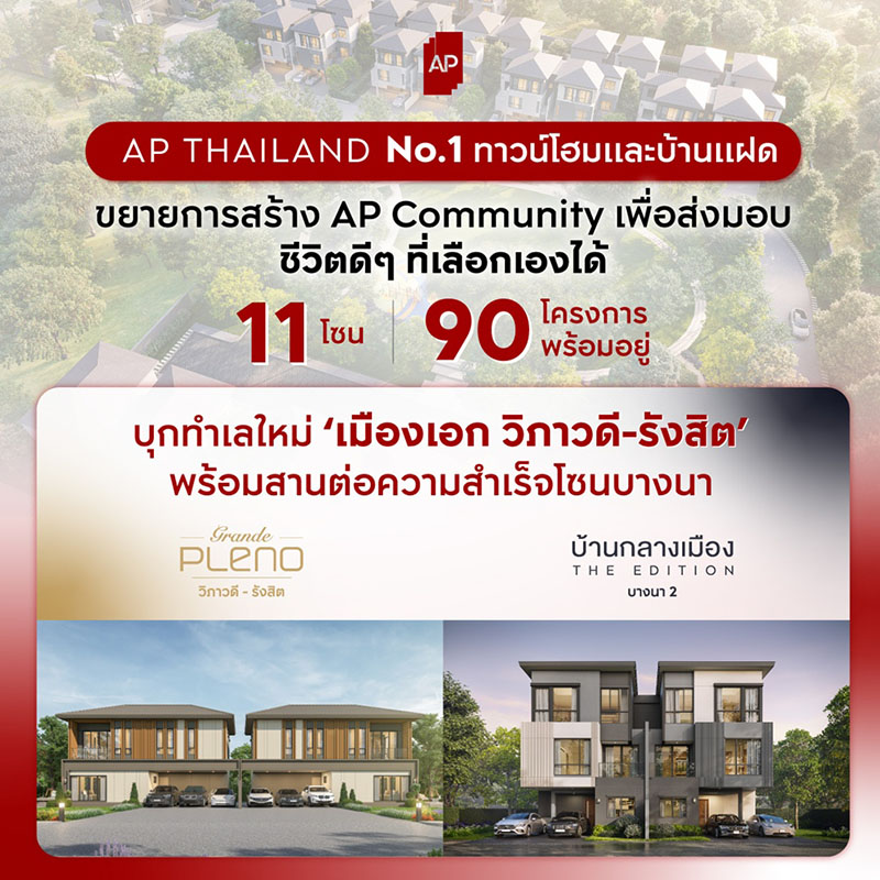 เอพี ไทยแลนด์ บุกทำเลใหม่ “เมืองเอก วิภาวดี-รังสิต” บนที่ดิน 137 ไร่ พร้อมเปิดตัว “Grande Pleno วิภาวดี-รังสิต” ชูจุดขายบ้านแฝดไซส์ใหญ่ เริ่ม 5.49 ลบ. เอพี ไทยแลนด์ บุกทำเลใหม่ “เมืองเอก วิภาวดี-รังสิต” บนที่ดิน 137 ไร่ พร้อมเปิดตัว “Grande Pleno วิภาวดี-รังสิต” ชูจุดขายบ้านแฝดไซส์ใหญ่ เริ่ม 5.49 ลบ.