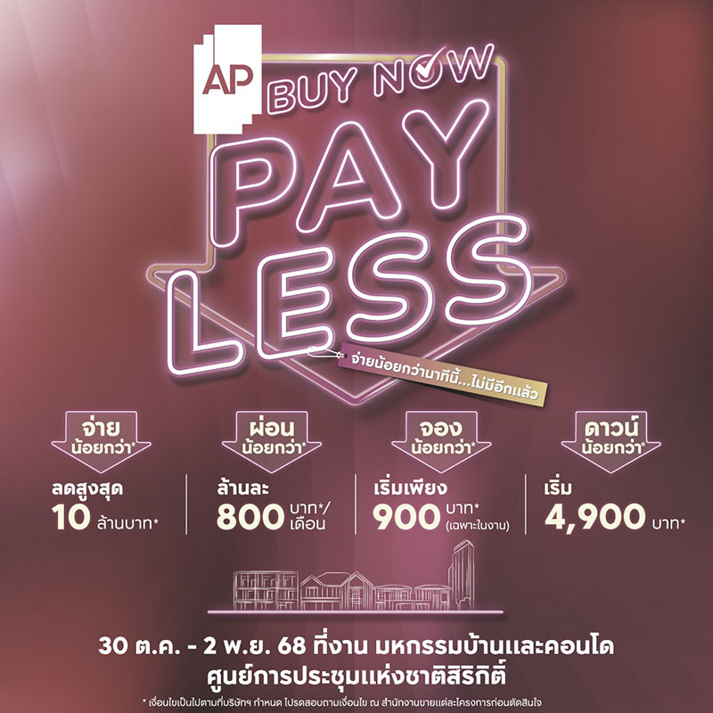 เอพี ไทยแลนด์ คัดสรร 169 โครงการคุณภาพ  มอบข้อเสนอพิเศษ AP BUY NOW, PAY LESS ลดสูงสุด 10 ล้านบาท* ในงานมหกรรมบ้านและคอนโดฯ