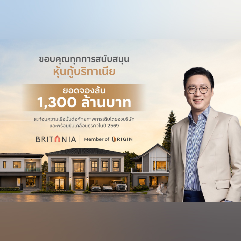 BRI ปิดการขายหุ้นกู้ครั้งที่ 1/2569 ยอดจองซื้อเต็มจำนวน 1,300 ล้านบาท ใส่เกียร์ลุย 3 โครงการใหม่ ดันยอดขายตามเป้า 5,000 ล้านบาท BRI ปิดการขายหุ้นกู้ครั้งที่ 1/2569 ยอดจองซื้อเต็มจำนวน 1,300 ล้านบาท ใส่เกียร์ลุย 3 โครงการใหม่ ดันยอดขายตามเป้า 5,000 ล้านบาท
