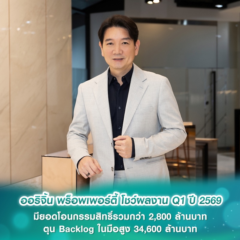 ออริจิ้น พร็อพเพอร์ตี้ โชว์ผลงาน Q1 ปี 2569 มียอดโอนกรรมสิทธิ์รวมกว่า 2,800 ล้านบาท ตุน Backlog ในมือสูง 34,600 ล้านบาท ออริจิ้น พร็อพเพอร์ตี้ โชว์ผลงาน Q1 ปี 2569 มียอดโอนกรรมสิทธิ์รวมกว่า 2,800 ล้านบาท ตุน Backlog ในมือสูง 34,600 ล้านบาท