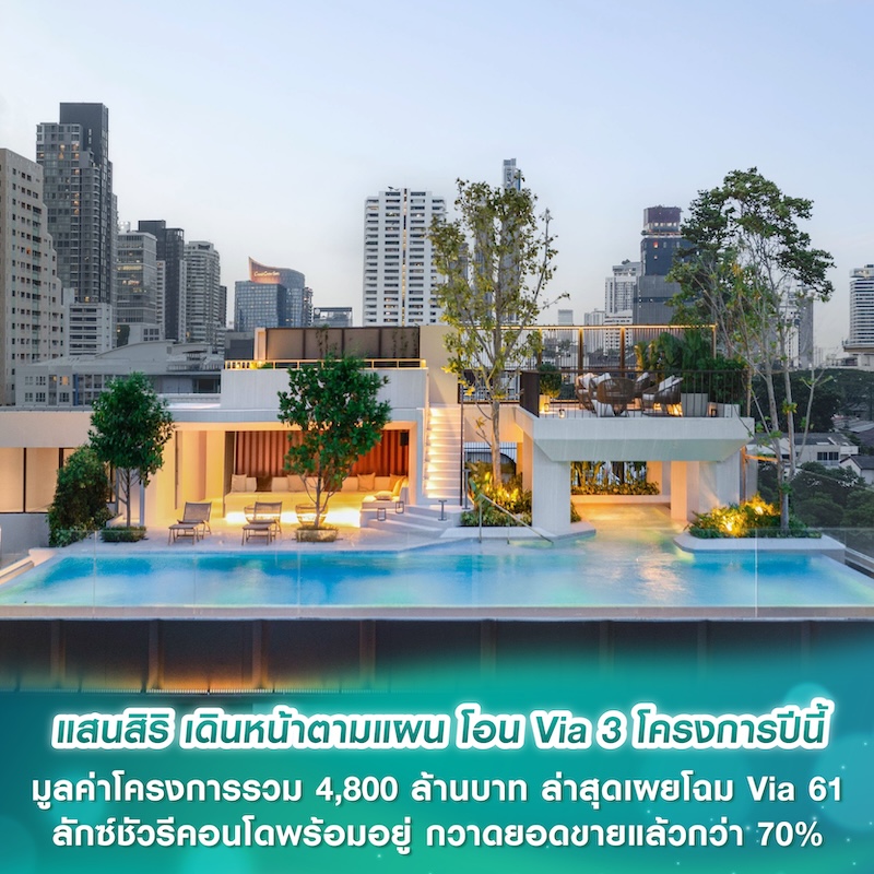 แสนสิริ เดินหน้าตามแผน โอน Via 3 โครงการปีนี้ มูลค่าโครงการรวม 4,800 ล้านบาท ล่าสุดเผยโฉม Via 61 ลักซ์ชัวรีคอนโดพร้อมอยู่ กวาดยอดขายแล้วกว่า 70%