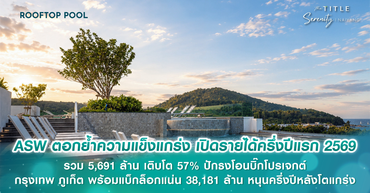 ASW ตอกย้ำความแข็งแกร่ง เปิดรายได้ครึ่งปีแรก 2569 รวม 5,691 ล้าน เติบโต 57% ปักธงโอนบิ๊กโปรเจกต์กรุงเทพ ภูเก็ต พร้อมแบ็กล็อกแน่น 38,181 ล้าน หนุนครึ่งปีหลังโตแกร่ง