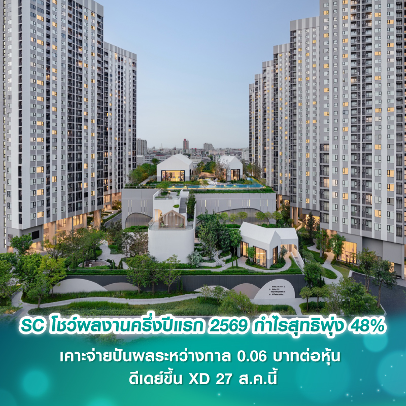 SC โชว์ผลงานครึ่งปีแรก 2569 กำไรสุทธิพุ่ง 48% เคาะจ่ายปันผลระหว่างกาล 0.06 บาทต่อหุ้น ดีเดย์ขึ้น XD 27 ส.ค.นี้ ครึ่งปีหลัง เดินหน้าบุกเปิด 5 โครงการใหม่ มูลค่ารวม 28,350 ล้านบาท SC โชว์ผลงานครึ่งปีแรก 2569 กำไรสุทธิพุ่ง 48% เคาะจ่ายปันผลระหว่างกาล 0.06 บาทต่อหุ้น ดีเดย์ขึ้น XD 27 ส.ค.นี้ ครึ่งปีหลัง เดินหน้าบุกเปิด 5 โครงการใหม่ มูลค่ารวม 28,350 ล้านบาท
