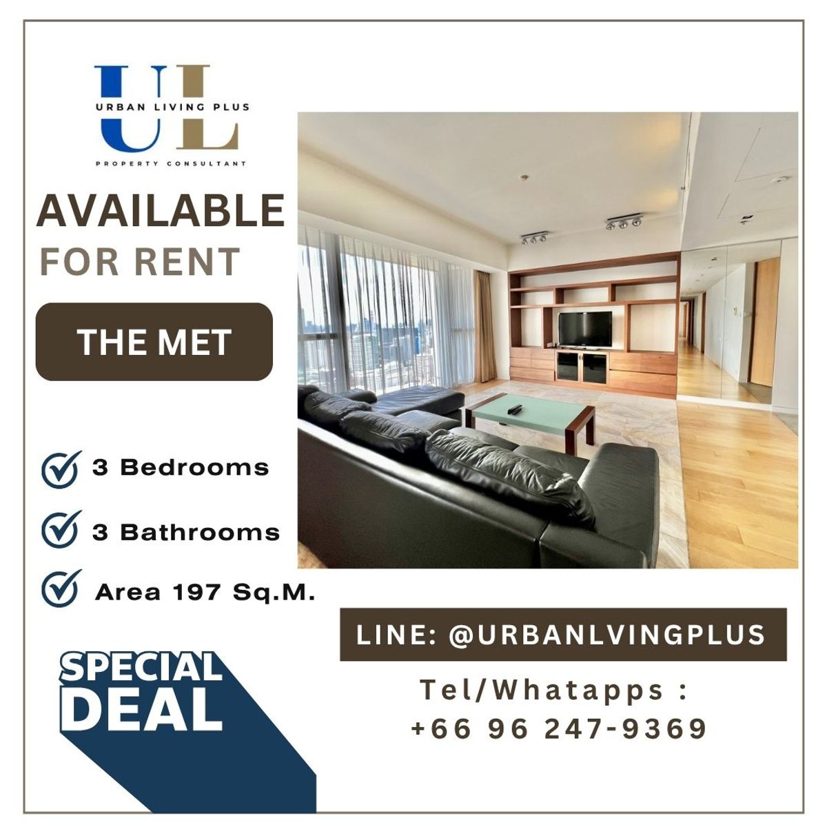 ( UL2406217 ) Tel/Line 096-2479369 UNBLOCKED VIEW !! FOR RENT The Met Sathorn Condo, 3 bedrooms, 4 bathrooms maid's room, Area 197 Sq.M. , High Floor ( UL2406217 ) Tel/Line 096-2479369 UNBLOCKED VIEW !! FOR RENT The Met Sathorn Condo, 3 bedrooms, 4 bathrooms maid's room, Area 197 Sq.M. , High Floor