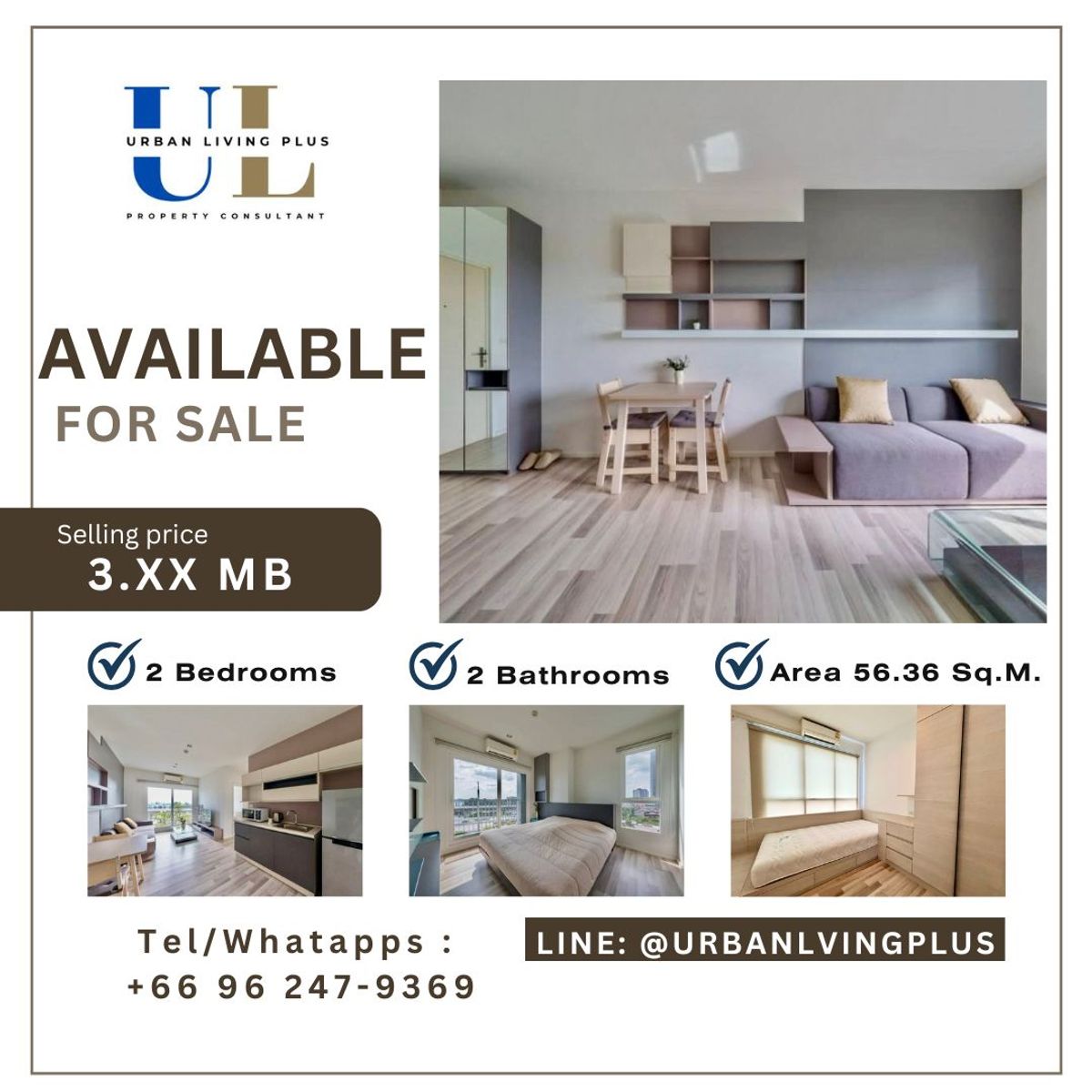 ( UL2402022 ) Tel/Line 096-2479369, สำหรับชาย คอนโด เดอะคีย์ วุฒากาศ 2 ห้องนอน 2 ห้องน้ำ  56.36 ตร.ม.✨ ด่วนน ราคาดีที่สุดในตึก