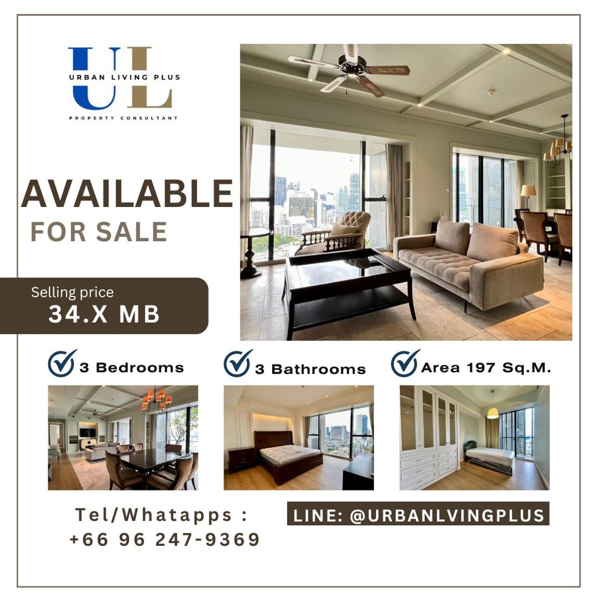 ( UL2312221 ) Tel/Line 096-2479369 , FOR SELL THE MET SATHORN , 3 bedroom, 3 bathroom, high floor, furnished, Special Deal!!✨✨ ( UL2312221 ) Tel/Line 096-2479369 , FOR SELL THE MET SATHORN , 3 bedroom, 3 bathroom, high floor, furnished, Special Deal!!✨✨