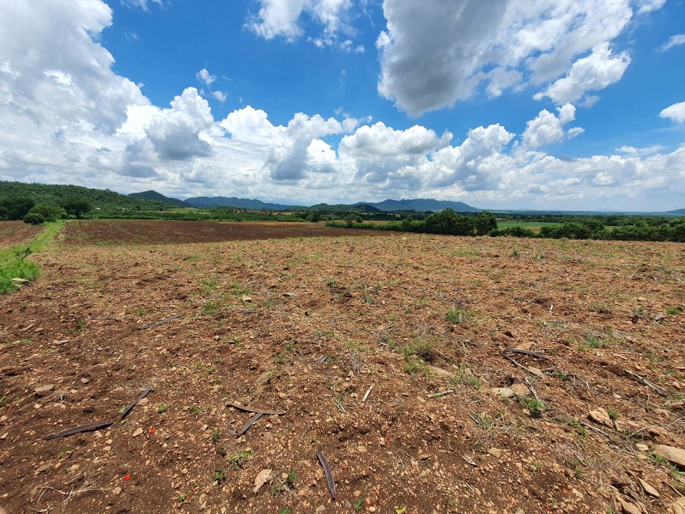 Land for sale, 25 rai, wonderful view, see the mountain far away, very good atmosphere Suitable for planting houses for organic farming in Salaeng Phan, Wang Muang, Saraburi.