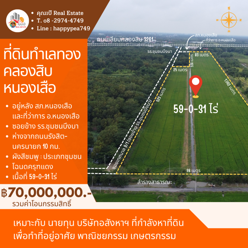 🎀ที่ดินคลองสิบ หนองเสือ ปทุมธานี เนื้อที่ 59 ไร่ ผังสีชมพู ทำเลทอง อยู่ติดหลัง ที่ว่าการ อ.หนองเสือ , สภ.หนองเสือ🎀