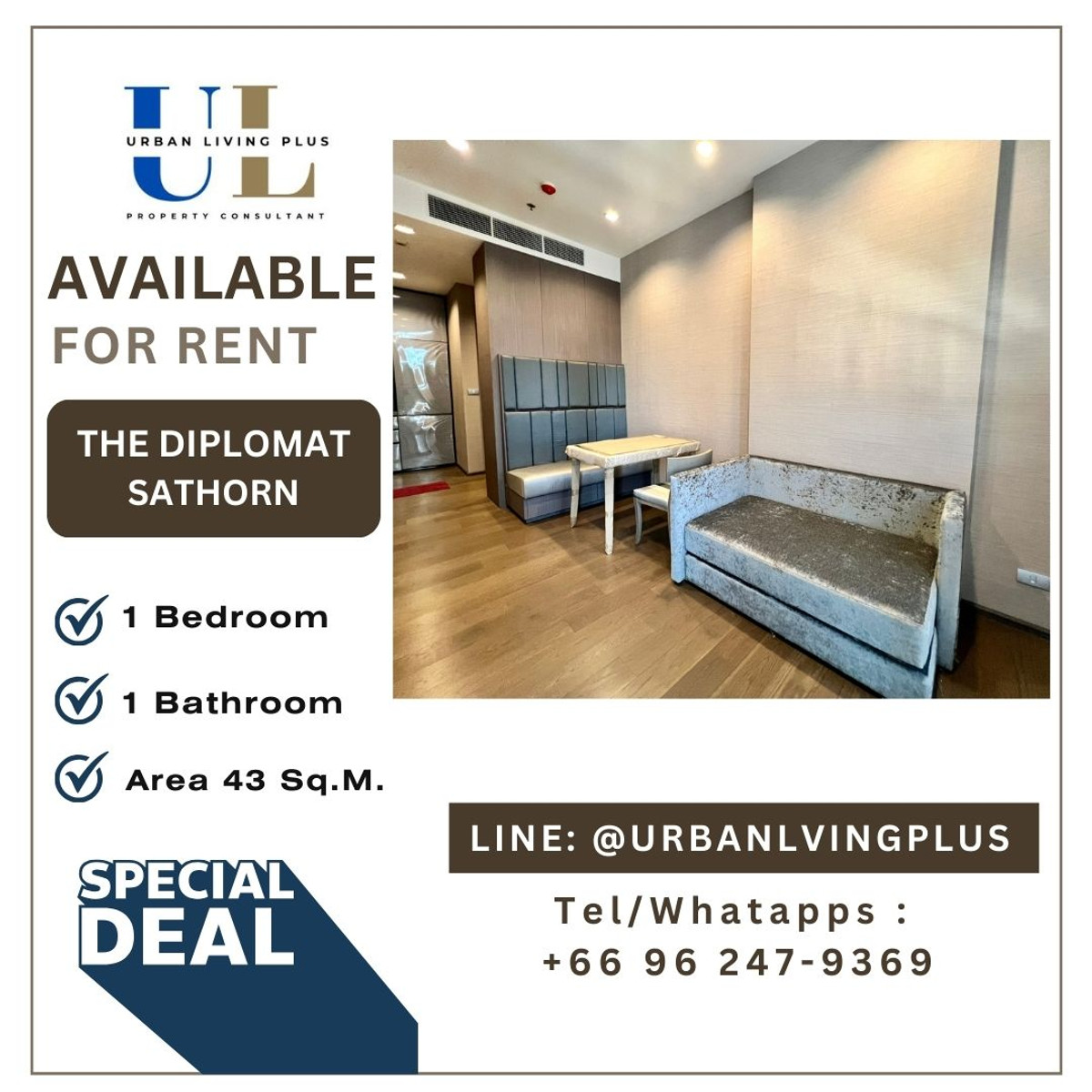 ( UL2402232 ) Tel/Line 096-2479369✨The Diplomat Sathorn ให้เช่า , 1 ห้องนอน, 1 ห้องน้ำ, 43 ตร.ม. ชั้นสูง ห้องใหม่ พร้อมอยู่, ห้องสวย ราคาพิเศษ!! ( UL2402232 ) Tel/Line 096-2479369✨The Diplomat Sathorn ให้เช่า , 1 ห้องนอน, 1 ห้องน้ำ, 43 ตร.ม. ชั้นสูง ห้องใหม่ พร้อมอยู่, ห้องสวย ราคาพิเศษ!!