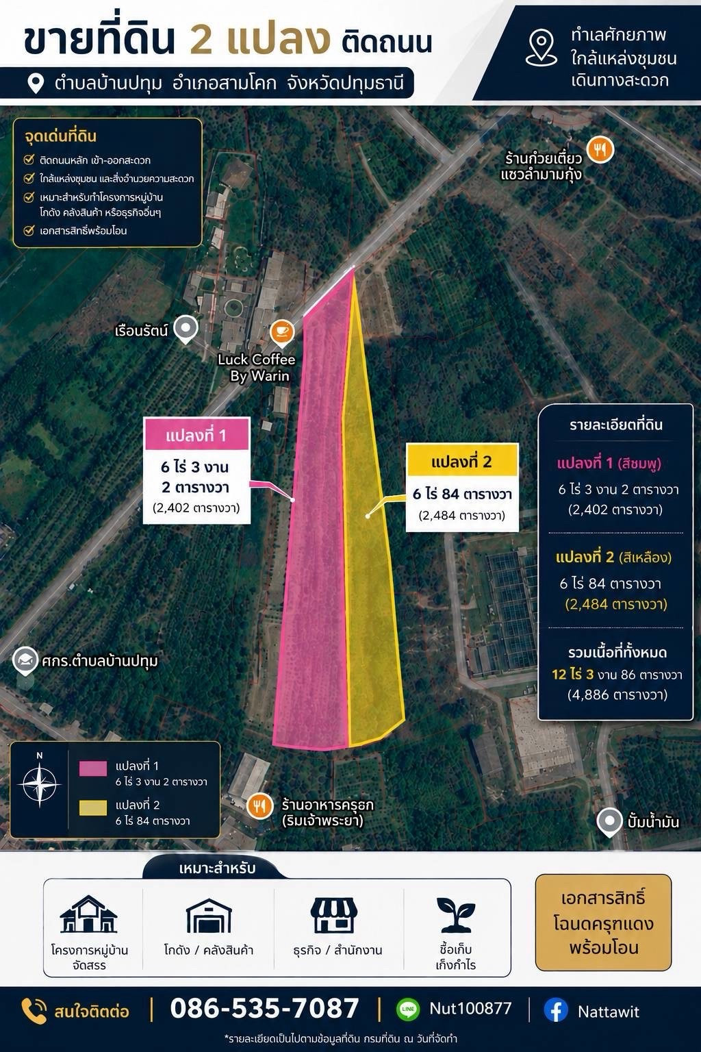 Urgent sale..🔥🔥 Land near Road 347, beautiful location, Ban Pathum Subdistrict, Sam Khok District, Pathum Thani Province, beautiful land, good location, area 6 rai 3 ngan 2 sq m. ( sells himself) Contact 086-535-7087