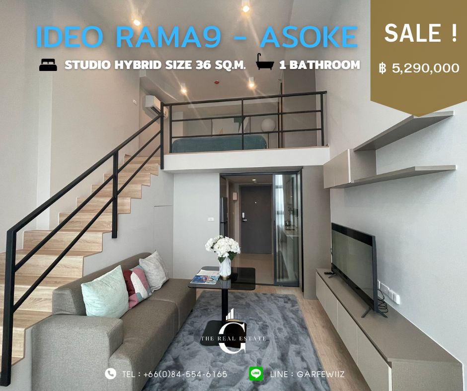Fully furnished condo near MRT Rama 9 🚆1 Bedroom Hybrid, ground floor + upper area 36.45 sq m., 4.5 meter high ceiling, special price only 5,290,000 baht, 30th floor, can get a loan 💯 %