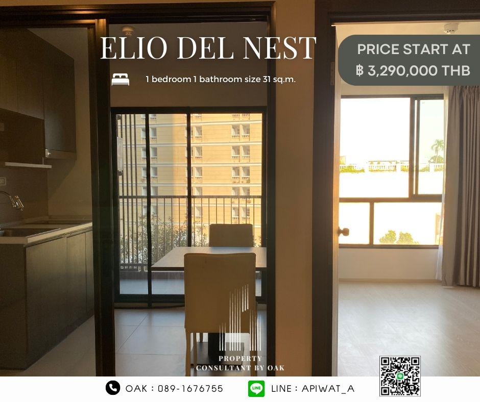 Elio Del Nest, special price sale, Sukhumvit 103, fully furnished, with electrical appliances, 1 bedroom, 1 bathroom, 31 sq m., only 750 m. from BTS, special price 3.29 million baht.