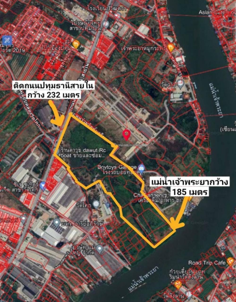 Land for sale 124-1-66 rai, located on Nai Pathum Thani Road, Bang Prok Subdistrict, Mueang District, Pathum Thani Province, selling price 15 million baht per rai, selling price 37,500 baht per square wah, total price 1,866,225,000. The front has a wide i
