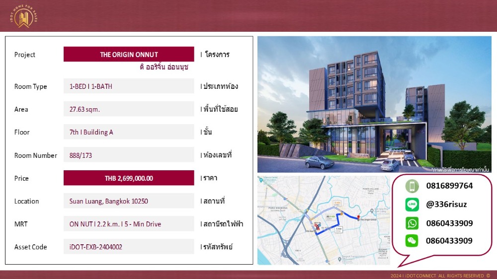 Condo for Sales 1-BED I 27.63 sqm. I The Origin On Nut I near BTS On Nut.