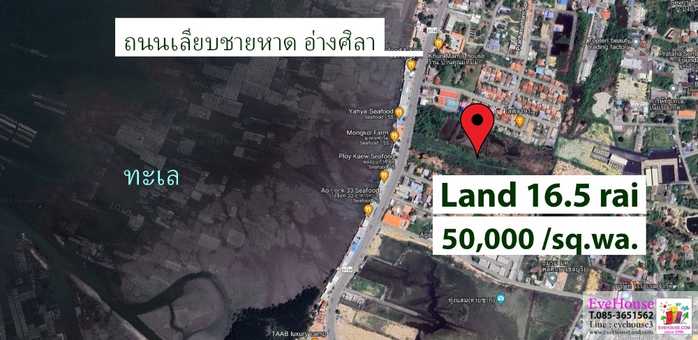 ขายที่ดิน 16.5 ไร่ ติดถนนเลียบชายทะเลอ่างศิลา ถนน บางแสน-อ่างศิลา