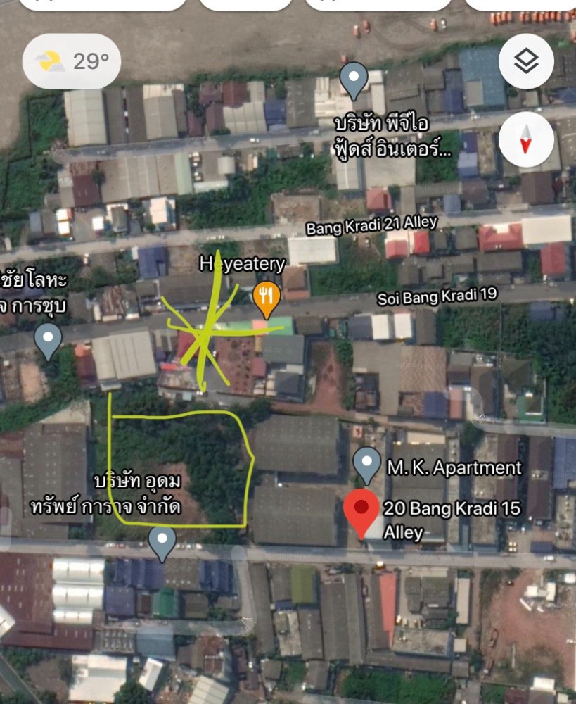 Land for rent, 3 rai, Soi Bang Kradi 15, can be rented out for 1 rai.