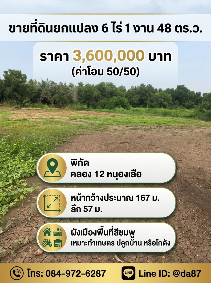ถูกที่สุด ในย่านนี้ คลอง12  หนอเสือ ปทุมฯ ขายด่วน ยกแปลง 6ไร่ 1 งาน 48ตรว ราคายกแปลง 3,600,000