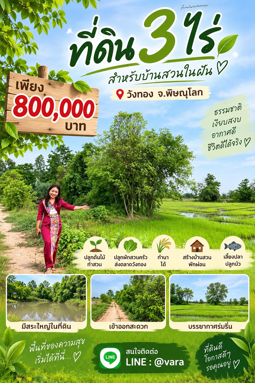 Land in Wang Thong, Phitsanulok, 3 rai. Plant the earth-friendly tree, the rain tree. Its shady and cool. Or you can do rice farming, grow vegetables, send them to Wang Thong market, or build a secluded house. Its great. Dig 2 large ponds, raise fish, and Land in Wang Thong, Phitsanulok, 3 rai. Plant the earth-friendly tree, the rain tree. Its shady and cool. Or you can do rice farming, grow vegetables, send them to Wang Thong market, or build a secluded house. Its great. Dig 2 large ponds, raise fish, and