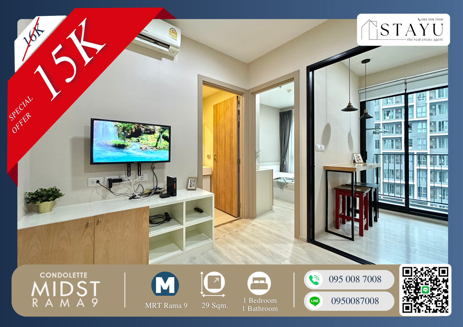 🔥🔥Free Wi-Fi!! 6-month lease!! 1 bedroom, special plan!! Clearly divide the room!! Best price in this type!! Condolette Midst Rama 9 next to MRT Rama 9, Central Rama 9, Fortune. If interested, contact quickly before the room is reserved!!🔥🔥