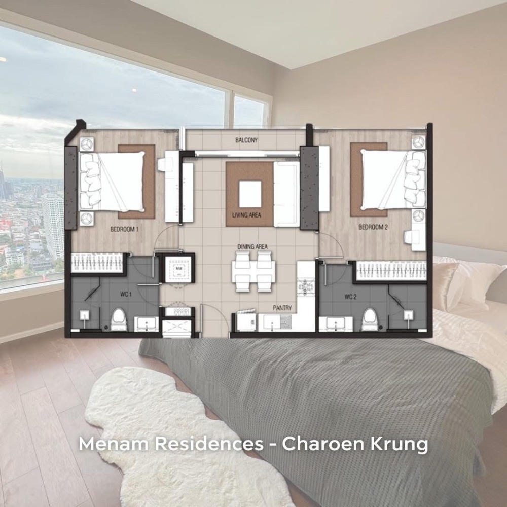♦ Nice Decoration ♦ ชั้น 35+ 88.89 ตร.ม. | 2 ห้องนอน 2 ที่จอดรถ | ใกล้ เอเชียทีค 300 ม., โรงเรียนนานาชาติ Shrewsbury International School 500 ม. – รูปที่ 2