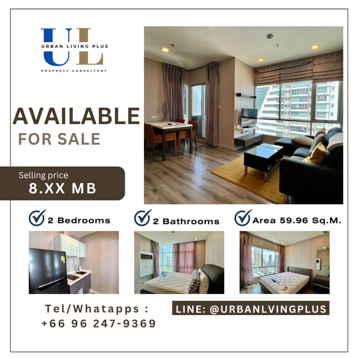 ( UL2502181 ) Tel/Line 096-2479369 / FOR SELL!!!  Centric Sathorn St.louis  2 BEDROOM 2 BATHROOM 59.96 SQ.M. High Floor, RARE ITEM