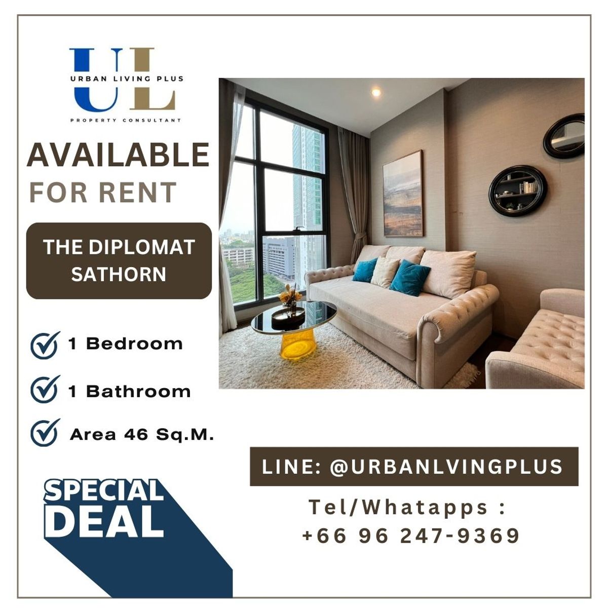 ( UL2404422 ) ✨Tel/Line 096-2479369✨ , FOR RENT The Diplomat Sathorn / 1 bedroom, 1 bathroom, 45 Sq.M. furnished, Never rented, Special Deal!!