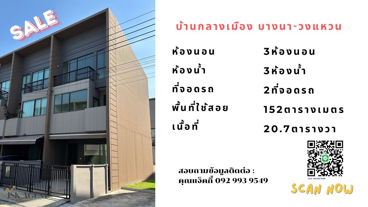 ขายด่วน ทาวน์โฮม 3ชั้น  บ้านกลางเมือง บางนา-วงแหวน 