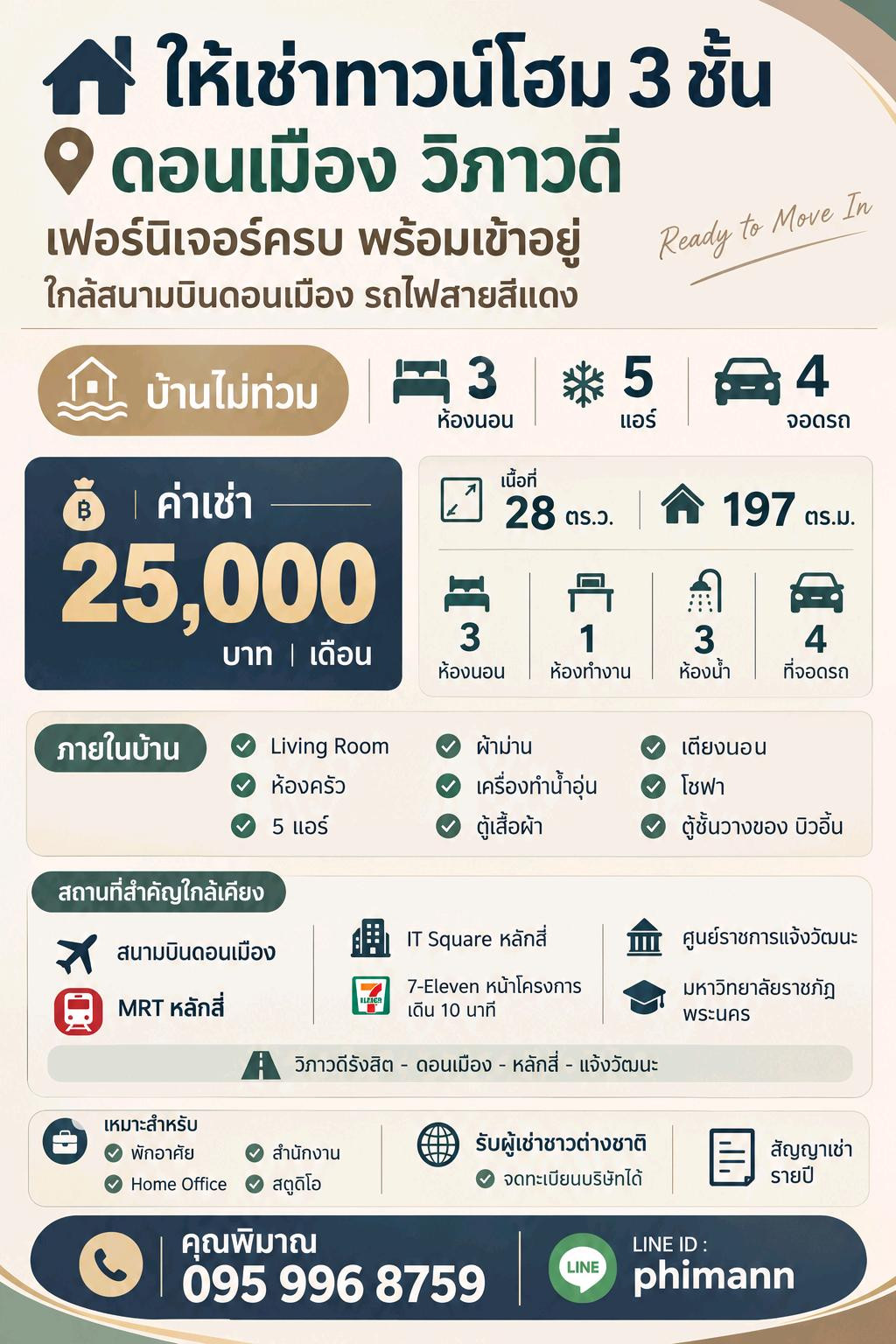 ❄️✨️ Townhome for rent Don Mueang Vibhavadi • Fully furnished Ready to move in, near the airport • 3 bedrooms • 4 car parking spaces • 5 air conditioners
