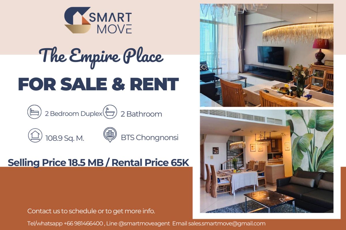🔥 สำหรับขาย - เช่า !! 🔥Code C20241000022.......The Empire Place, 2 ห้องนอน, 2 ห้องน้ำ Duplex, ชั้นสูง 19+, แต่งครบ, พร้อมเข้าอยู่, ราคาพิเศษ!!📣📣