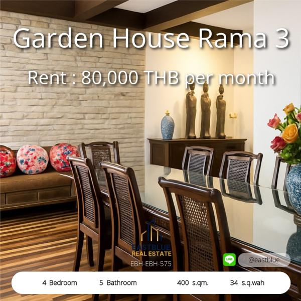 Luxurious 4-Bed Townhome with Garden Views in Rama 3 
Exclusive Thai Oriental Design, Minutes from Sathorn 

Spacious 400 sqm Garden House for Rent at Rama 3 
Elegant Living with Pool & Lush Greenery, 80,000 THB/Month