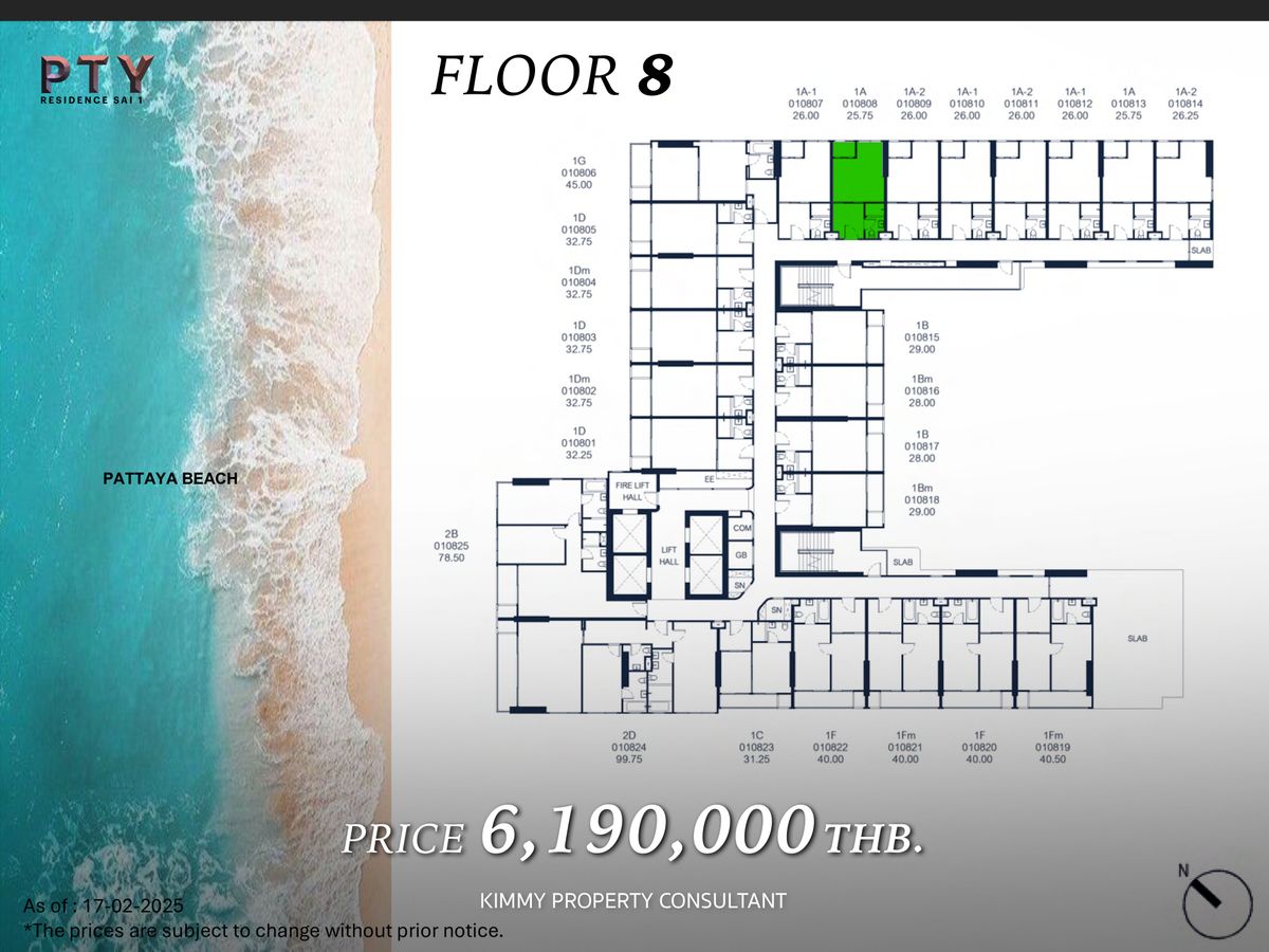 PTY Residence Sai 1-Down payment, 8th floor room, not blocked. Price around VVIP. For more information 093-962-5994 (KIM)