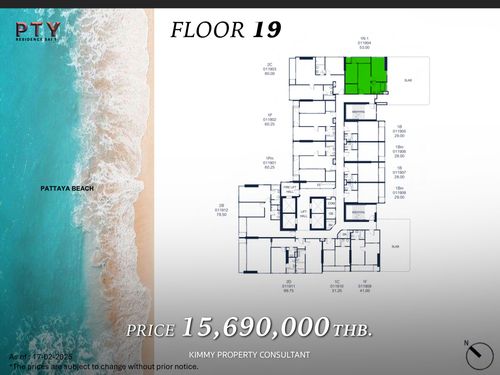 PTY Residence Sai 1 - Sell down the 19th floor. Two Bed. The corner room saw the sea, not blocked. For more information 093-962-5994 (KIM)