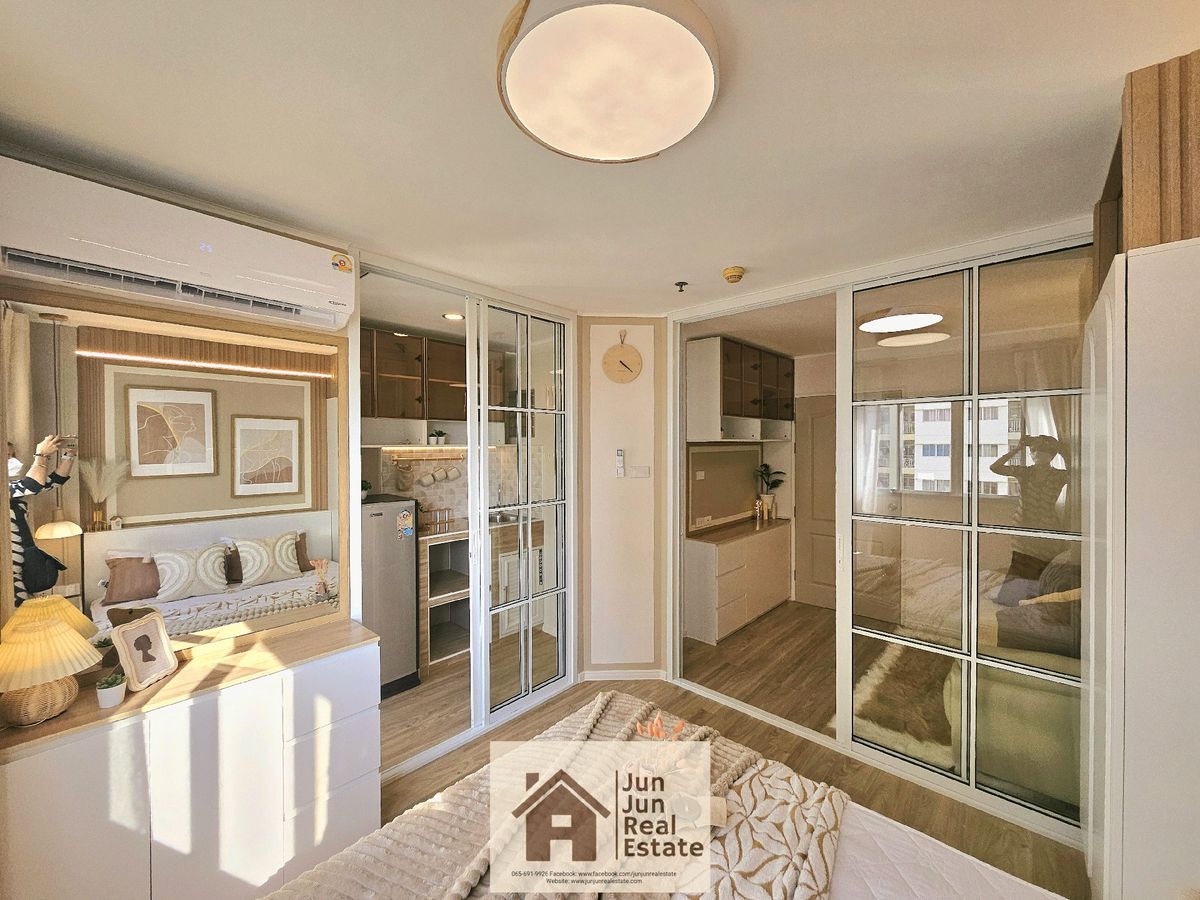 💥 New, lift room+new air conditioner 18,000BTU💥 Lumpini Condo Town, Nawamin Ramintra, new renovated corner room 22.66 sq.m., 16th floor, Building D