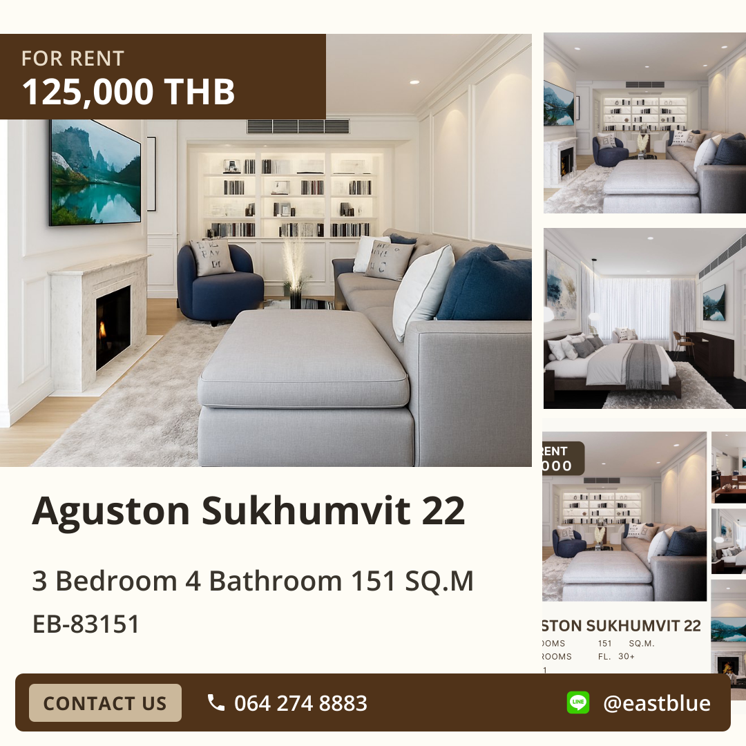 For Rent: Aguston Sukhumvit 22 3 Bed 151 sqm near BTS Phrom Phong 125,000 THB/month
