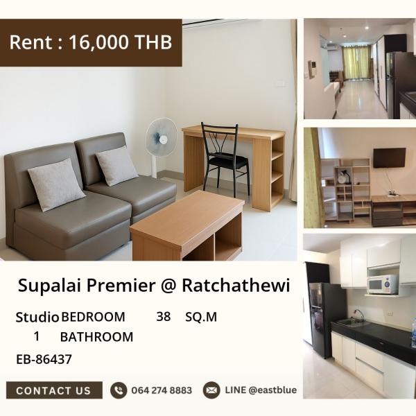 Rent Supalai Premier Ratchathewi 38 sqm studio near BTS Indoor StadiumPrice only 16,000 THB/month with complete facilities! 0642748883