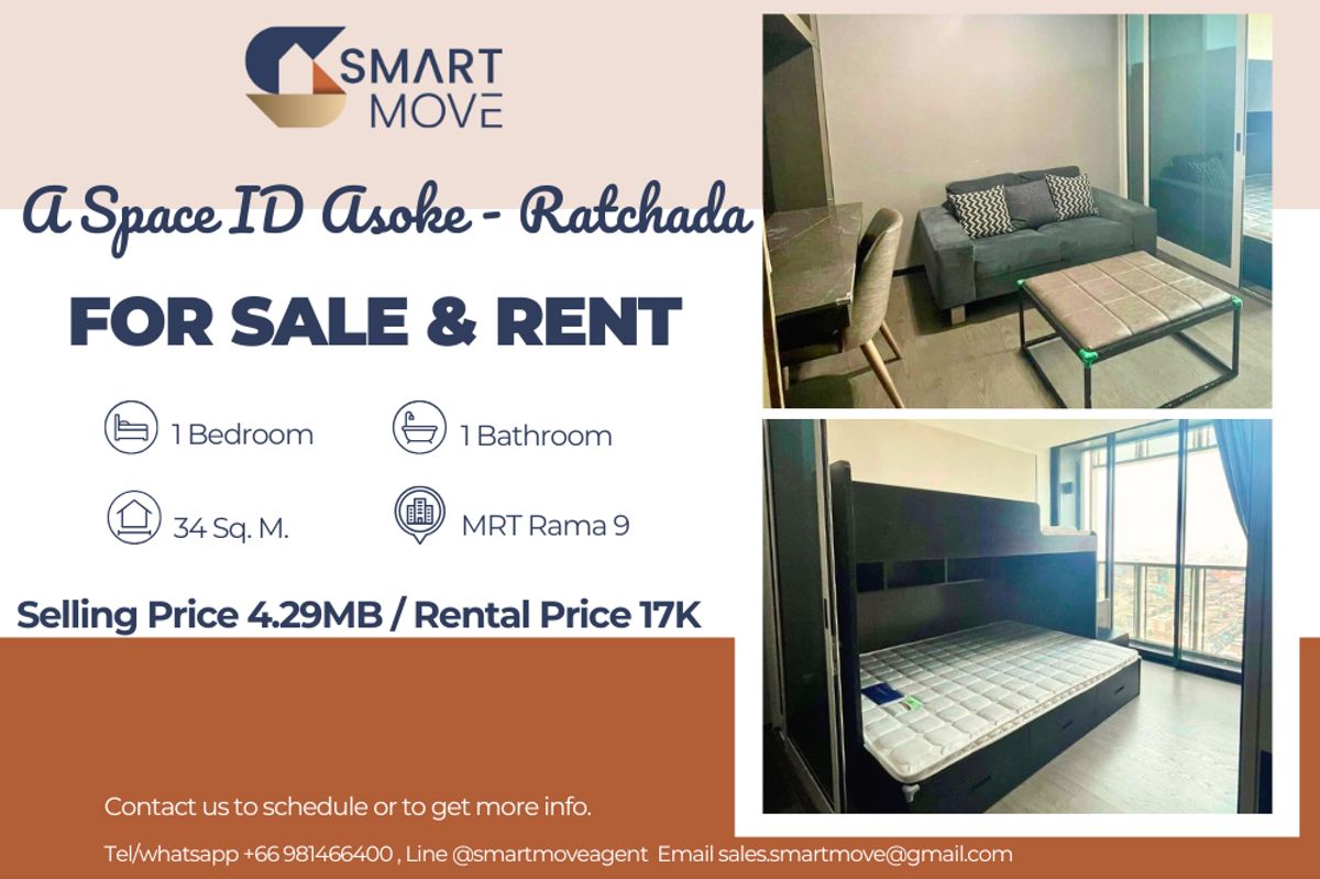 🔥 For Sale - Rent!!🔥 Code C20250500042..........A Space ID Asoke - Ratchada, 1 bedroom, 1 bathroom, high floor 21++, North Facing, furnished, ready to move in, Special Deal!!📣📣