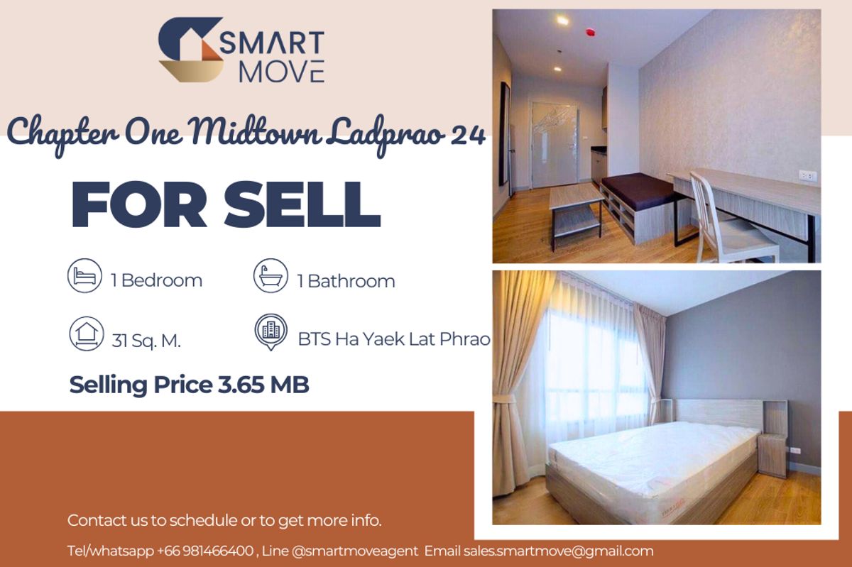 🔥 For Sale !!🔥 Code C20250500060..........Chapter One Midtown Ladprao 24, 1 bedroom, 1 bathroom, high floor 23++, furnished, Special Deal!!📣📣