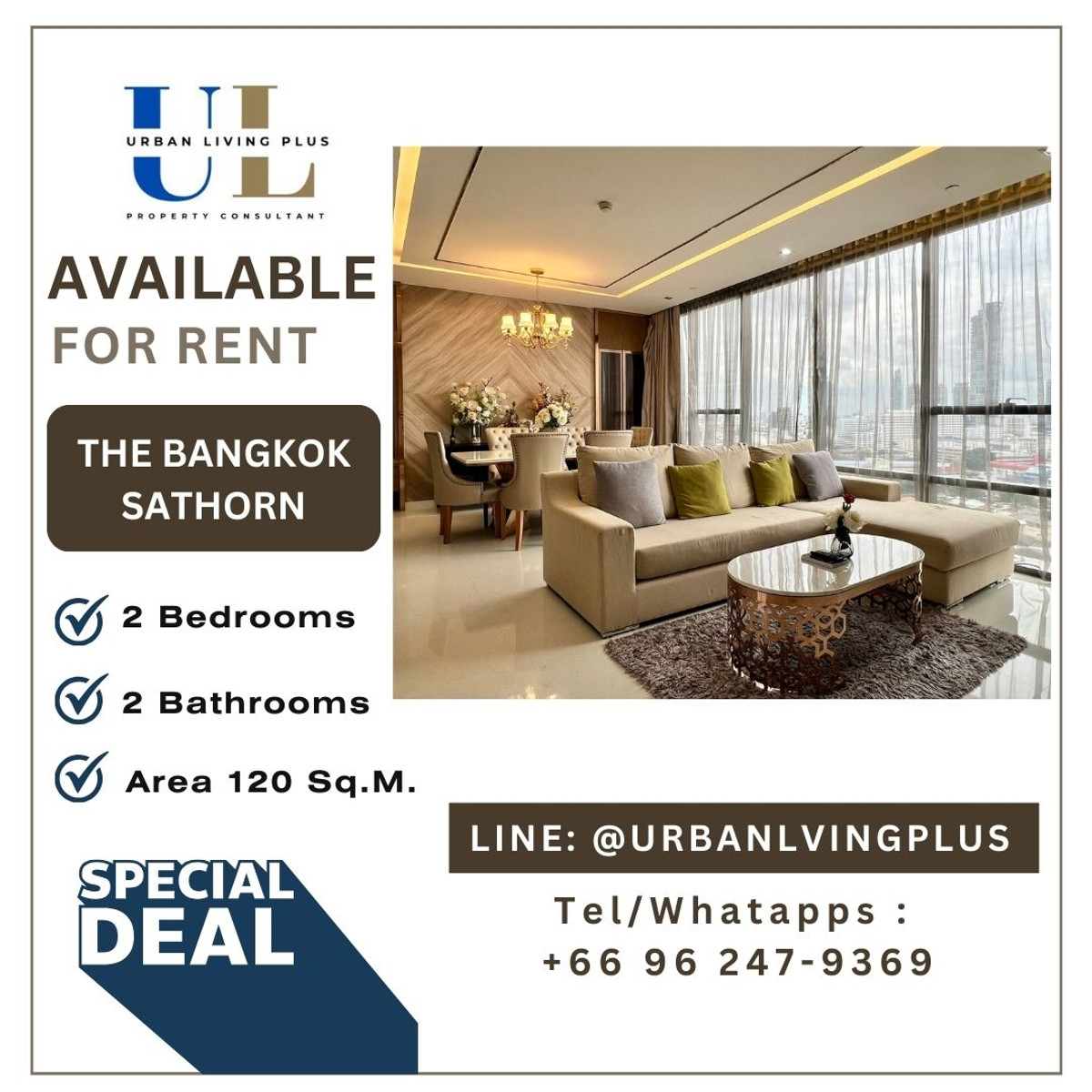 ( UL2406204 ) Tel/Line 096-2479369 , The Bangkok Sathorn for rent 2 bedroom, 2 bathroom , Size 120 Sq.M., furnished, ready to move in ( UL2406204 ) Tel/Line 096-2479369 , The Bangkok Sathorn for rent 2 bedroom, 2 bathroom , Size 120 Sq.M., furnished, ready to move in