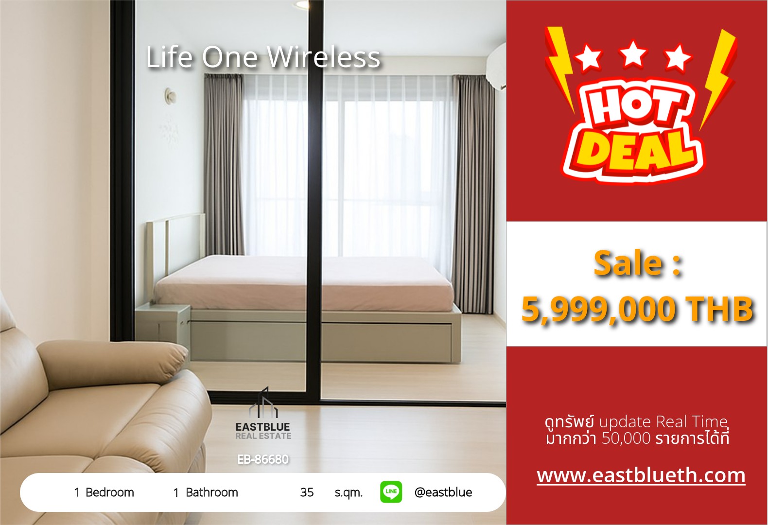 For Sale: Life One Wireless 1 Bed 35 sqm near BTS Phloen Chit 6M THB