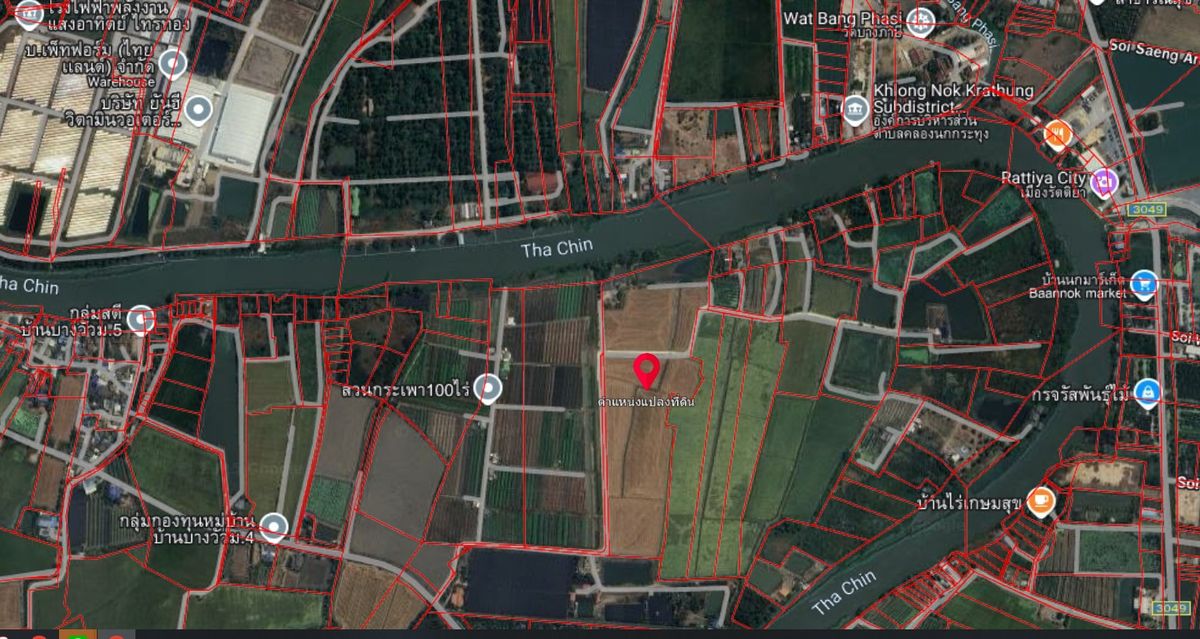 Large plot of land adjacent to the Tha Chin River, over 200 meters of water, gold, in the heart of Bang Lane, Nakhon Pathom Large plot of land adjacent to the Tha Chin River, over 200 meters of water, gold, in the heart of Bang Lane, Nakhon Pathom