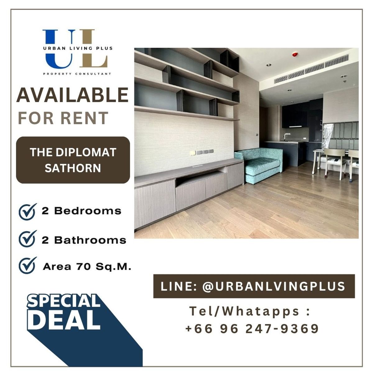 ( U20231026200 ) Tel/Line 096-2479369 , FOR RENT The Diplomat Sathorn Condo 2 bedroom, 2 bathroom, Corner room, furnished, Never rented, Special Deal!!