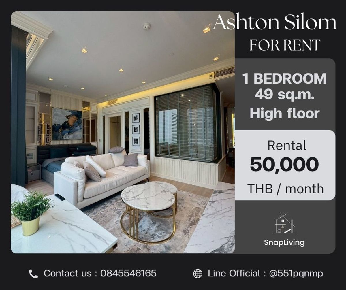 𝐅𝐎𝐑 𝐑𝐄𝐍𝐓🔥 𝐀𝐬𝐡𝐭𝐨𝐧 𝐒𝐢𝐥𝐨𝐦 𝐒𝐢𝐥𝐨𝐦 1 Bedroom Big Decorated 49.79 sqm. High Flor 50,000 THB / Month. Call 084-554-6165.