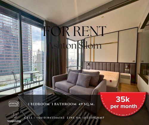 𝐅𝐎𝐑 𝐑𝐄𝐍𝐓🔥 𝐀𝐬𝐡𝐭𝐨𝐧 𝐒𝐢𝐥𝐨𝐦 𝐒𝐢𝐥𝐨𝐦 1 Bedroom, large bedroom, 49.79 sqm. High Flor. See the River 35,000 THB / Month. Call 084-554-6165.